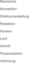 Recherche  Konzeption  Drehbucherstellung  Redaktion  Kamera  Licht  Schnitt  Postproduktion  Vertonung